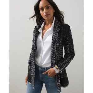 Chico's Embroidered Plaid Black and White Sweater Blazer with Lace